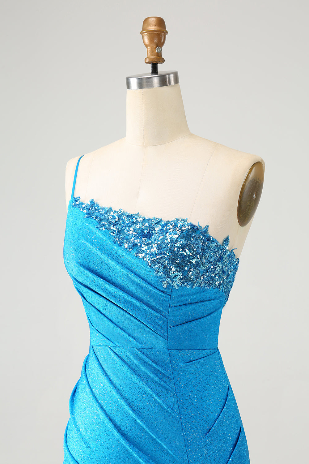 Blue Bodycon One Shoulder Ruched Satin Homecoming Dress with Sequins