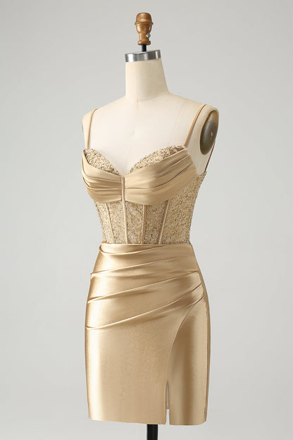 Golden Spaghetti Straps Bodycon Corset Satin Homecoming Dress with Slit