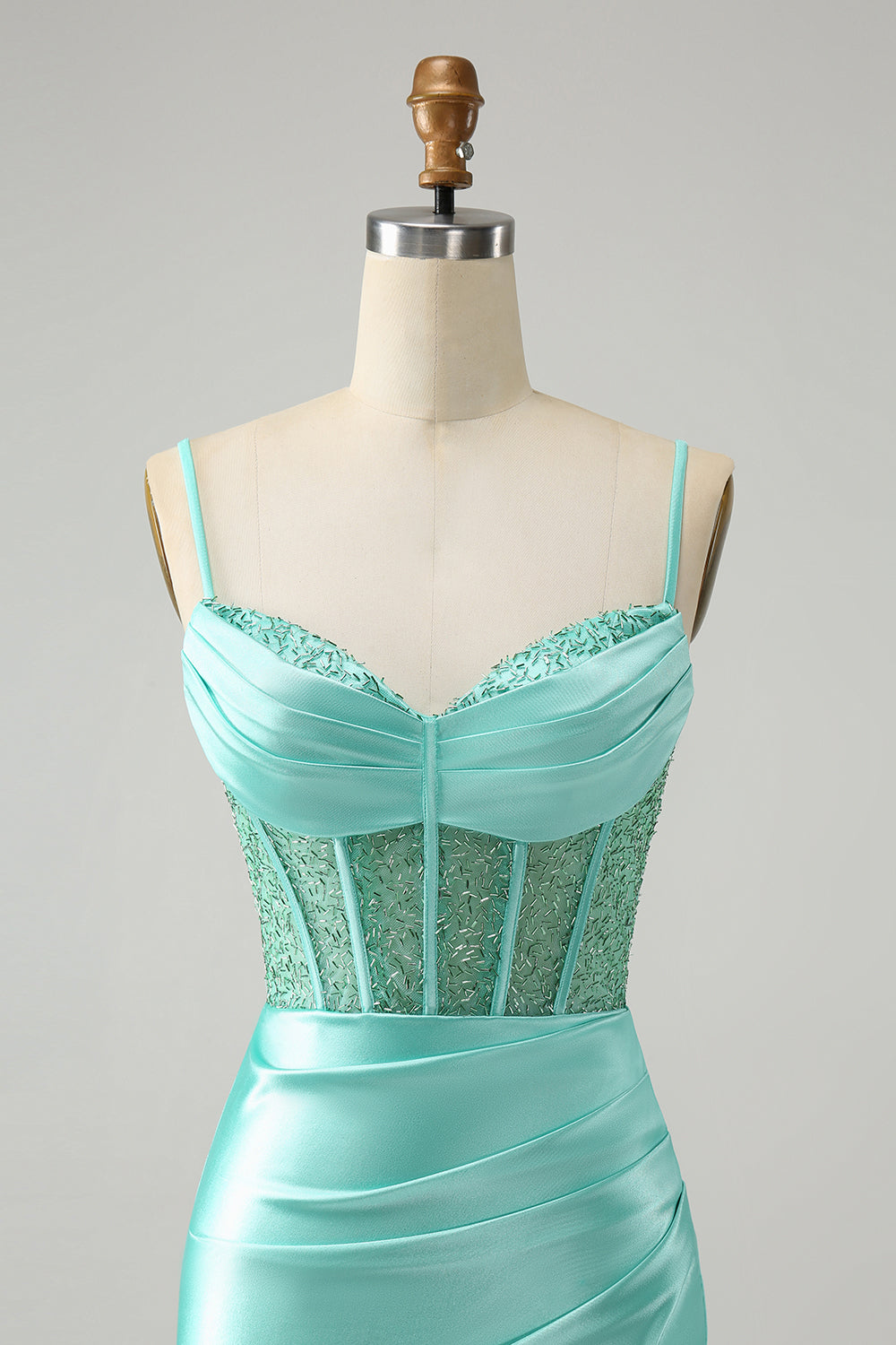 Light Green Spaghetti Straps Bodycon Corset Satin Homecoming Dress with Slit