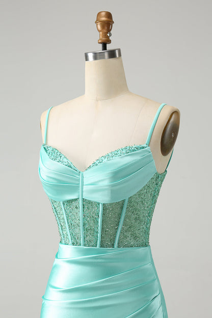 Light Green Spaghetti Straps Bodycon Corset Satin Homecoming Dress with Slit