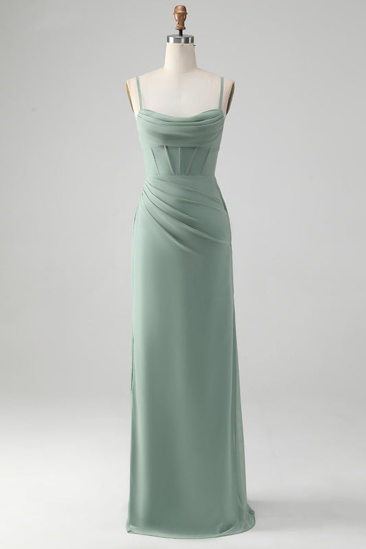 Spaghetti Straps Grey Green Mermaid Corset Bridesmaid Dress with Slit