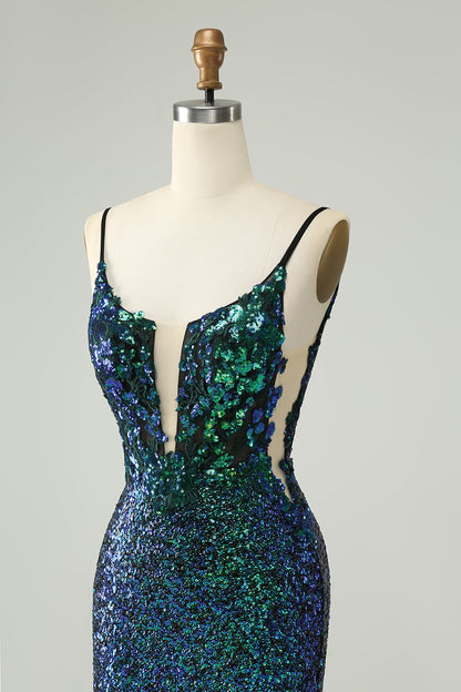 Sparkly Dark Green Spaghetti Straps Tight Short Homecoming Dress with Sequins