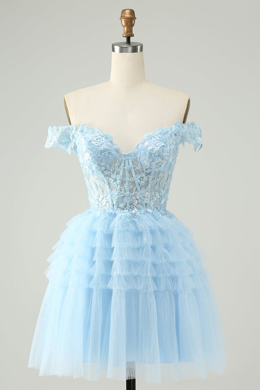 Light Blue A Line Off The Shoulder Corset Short Homecoming Dress