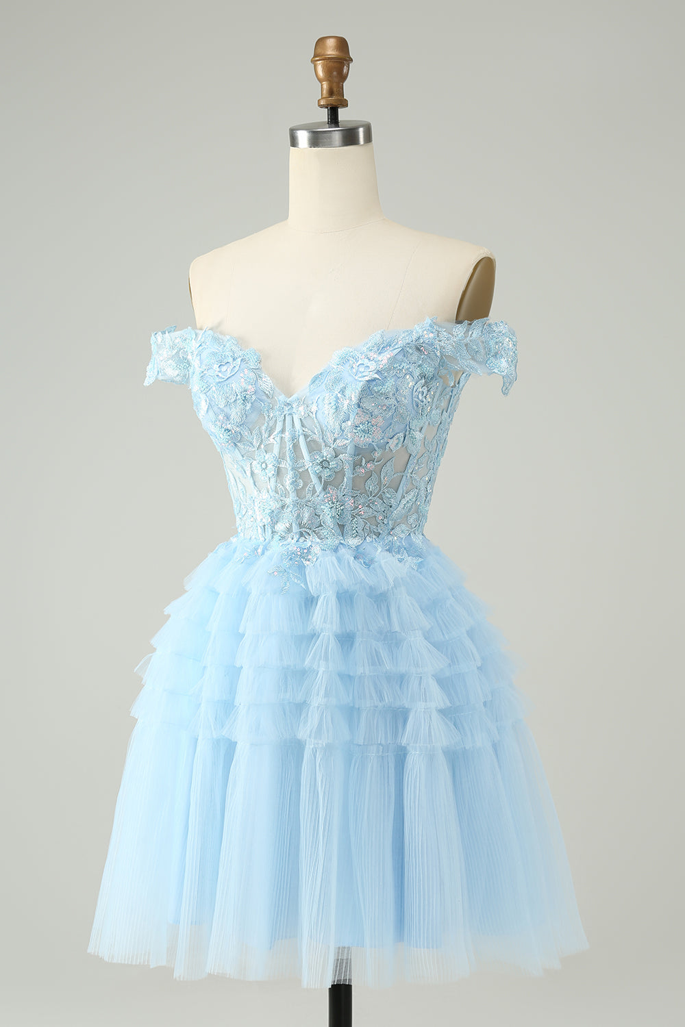 Light Blue A Line Off The Shoulder Corset Short Homecoming Dress