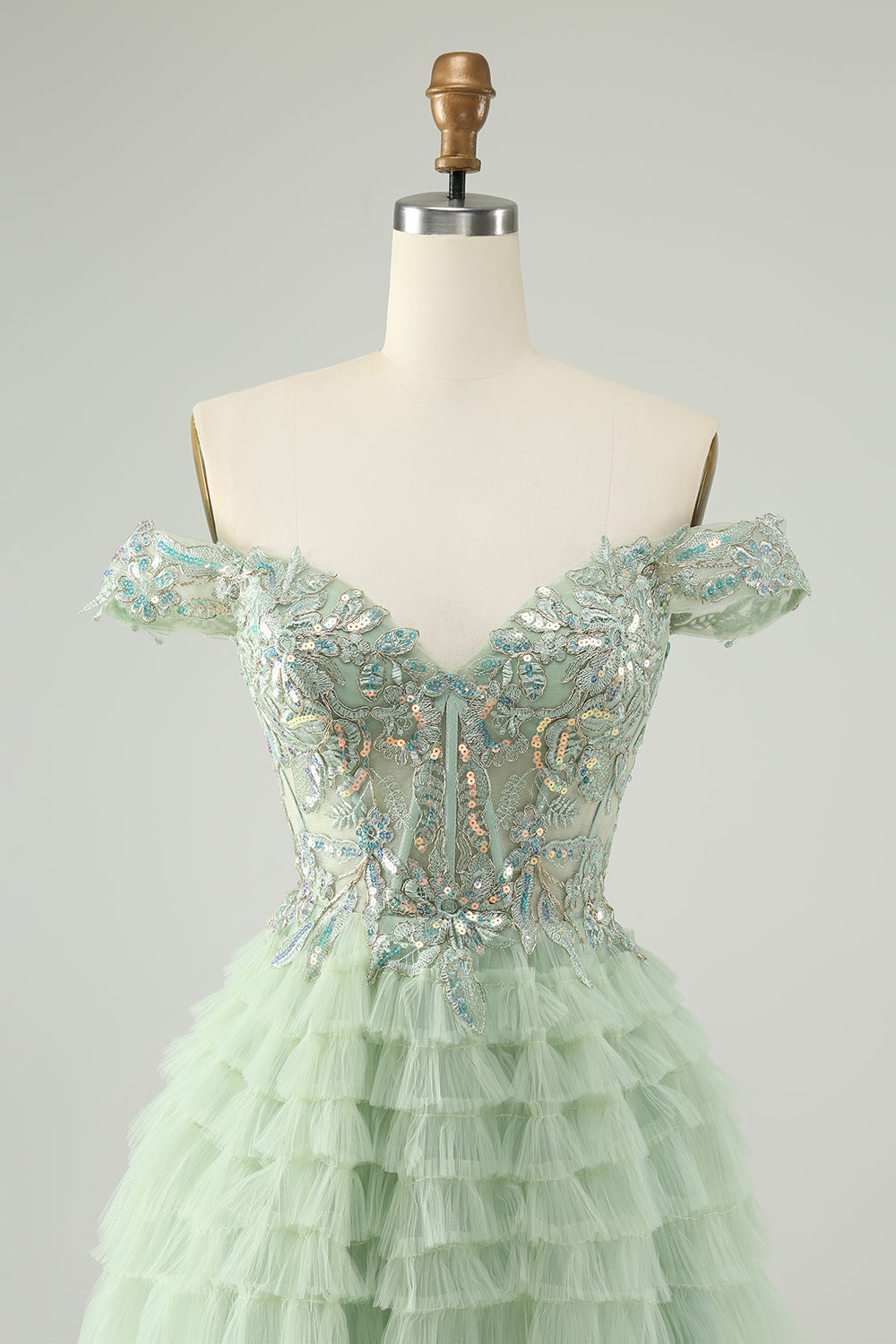 Sparkly Light Green A Line Off The Shoulder Corset Tulle Homecoming Dress