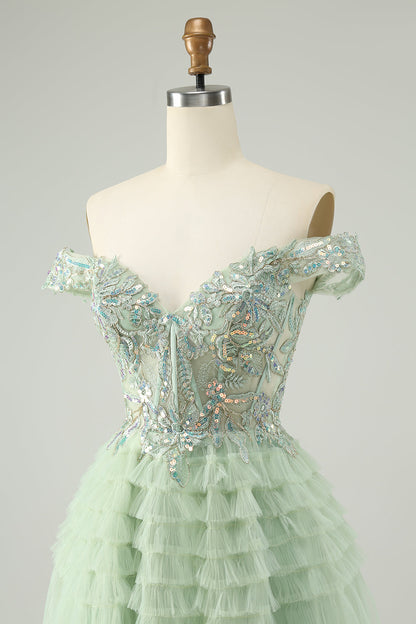 Sparkly Light Green A Line Off The Shoulder Corset Tulle Homecoming Dress