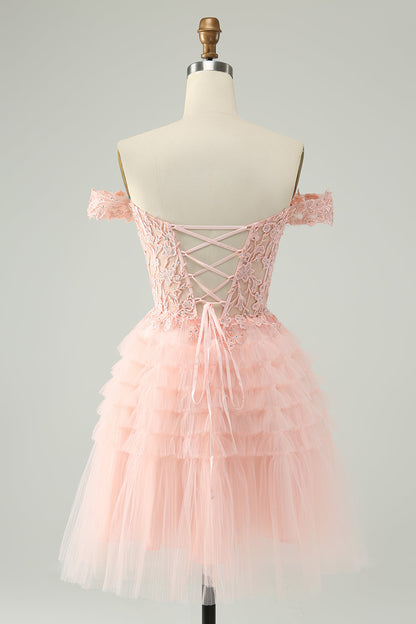 Blush A Line Off The Shoulder Corset Short Tulle Homecoming Dress