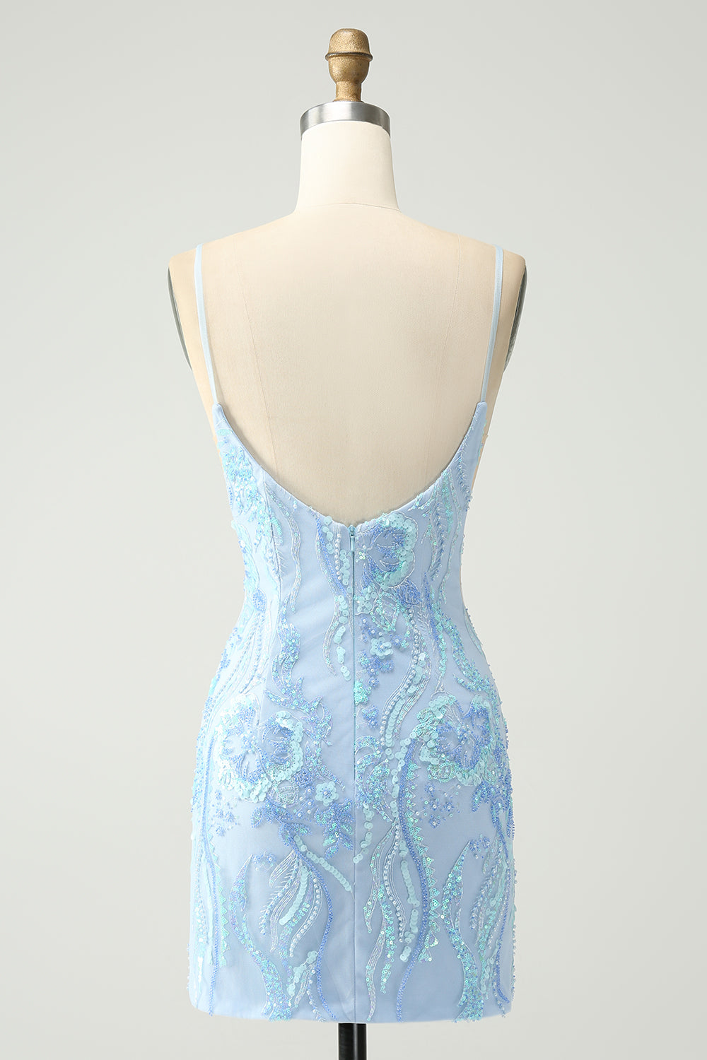 Light Blue Spaghetti Straps Tight Short Homecoming Dress with Sequins