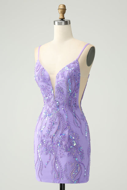 Sparkly Purple Spaghetti Straps Tight Short Homecoming Dress with Sequins