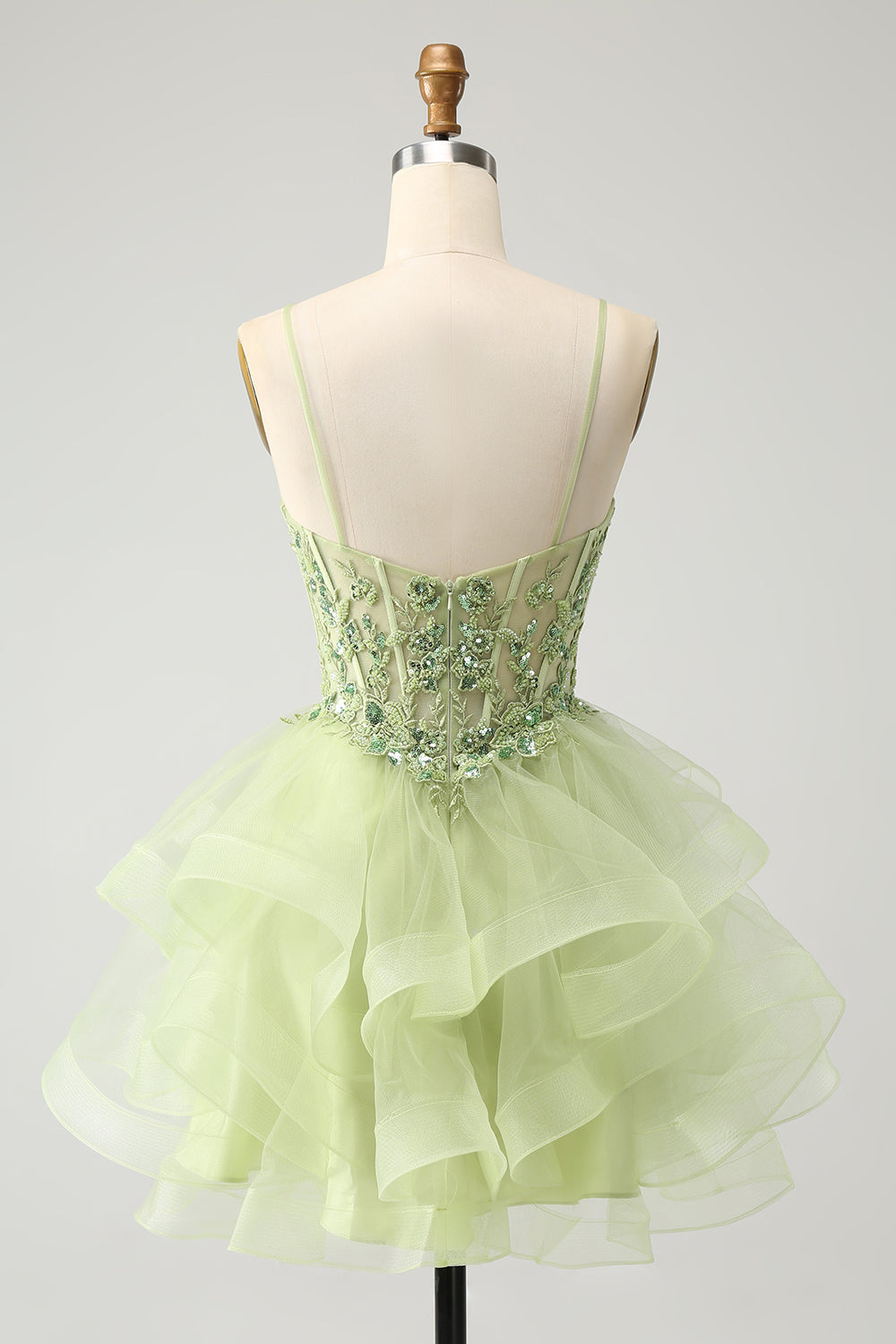 Light Green A-Line Tulle Tiered Homecoming Dress with Appliques