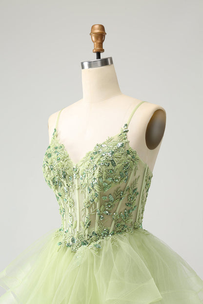 Light Green A-Line Tulle Tiered Homecoming Dress with Appliques