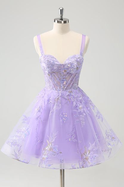 Lilac A-Line Corset Embroidered Homecoming Dress with Sequins