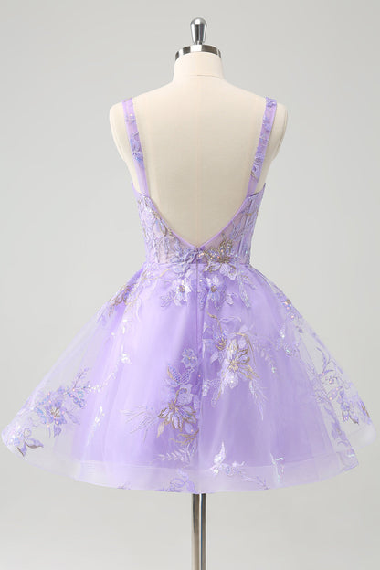 Lilac A-Line Corset Embroidered Homecoming Dress with Sequins