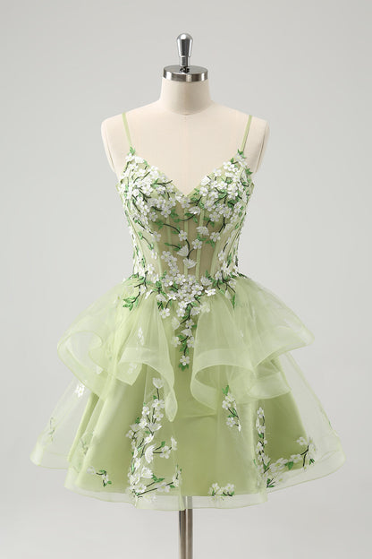 Light Green A-Line Applique Short Homecoming Dress with Ruffles