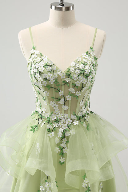 Light Green A-Line Applique Short Homecoming Dress with Ruffles