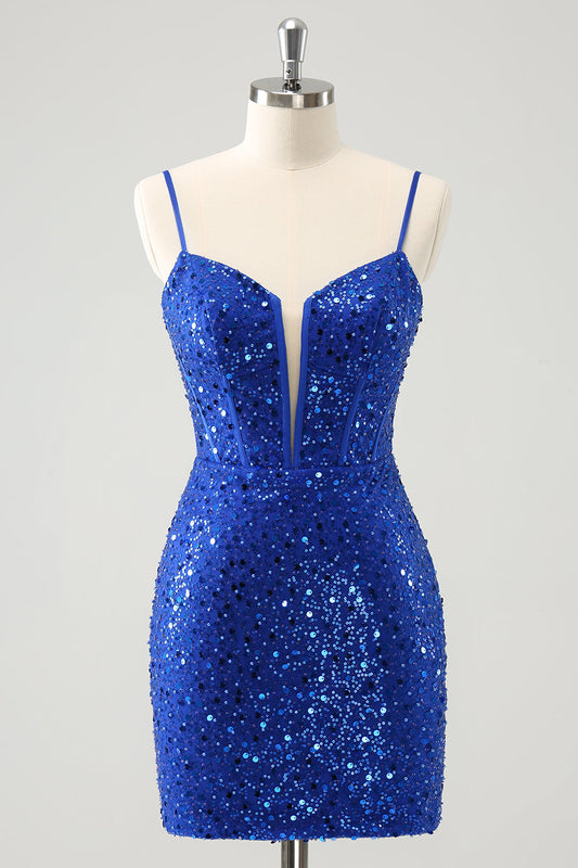 Sparkly Royal Blue Corset Tight Short Homecoming Dress with Sequins