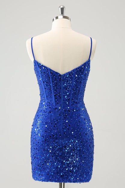 Sparkly Royal Blue Corset Tight Short Homecoming Dress with Sequins