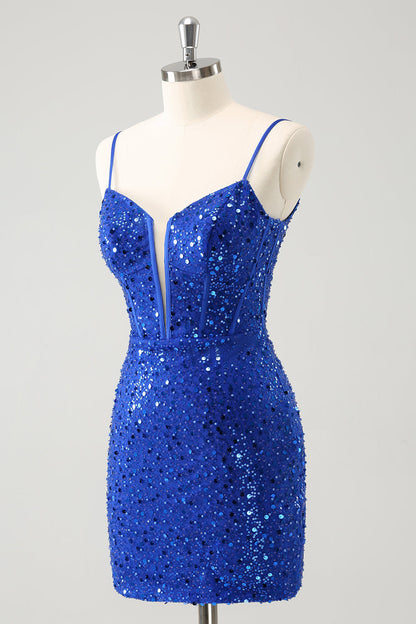 Sparkly Royal Blue Corset Tight Short Homecoming Dress with Sequins