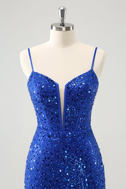 Sparkly Royal Blue Corset Tight Short Homecoming Dress with Sequins