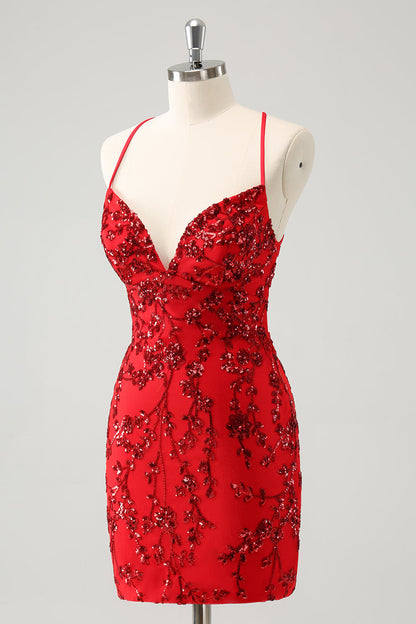 Sparkly Floral Red Tight Short Homecoming Dress with Sequins