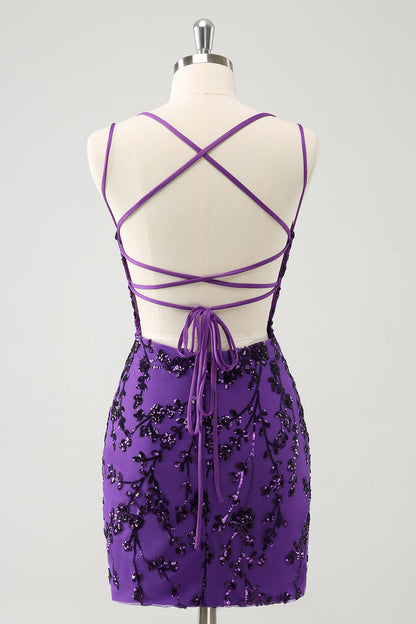 Sparkly Purple Spaghetti Straps Tight Short Homecoming Dress with Appliques