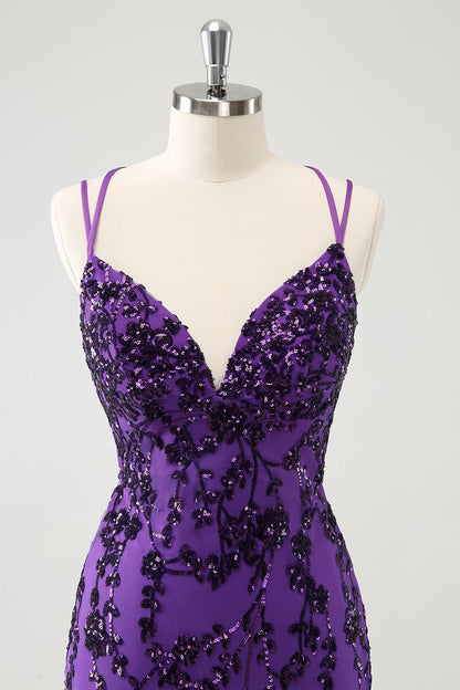 Sparkly Purple Spaghetti Straps Tight Short Homecoming Dress with Appliques