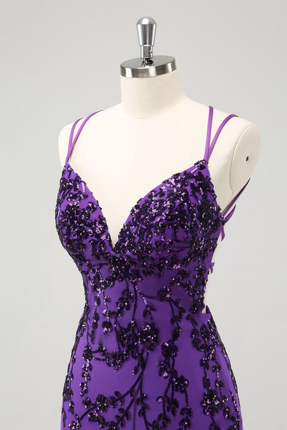 Sparkly Purple Spaghetti Straps Tight Short Homecoming Dress with Appliques