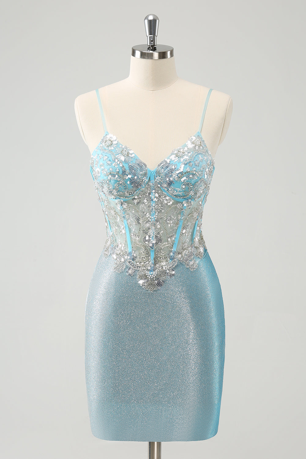 Light Blue Spaghetti Straps Tight Corset Short Homecoming Dress with Sequins