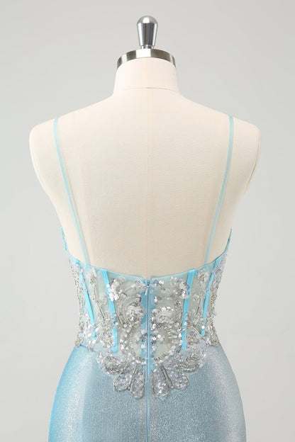 Light Blue Spaghetti Straps Tight Corset Short Homecoming Dress with Sequins