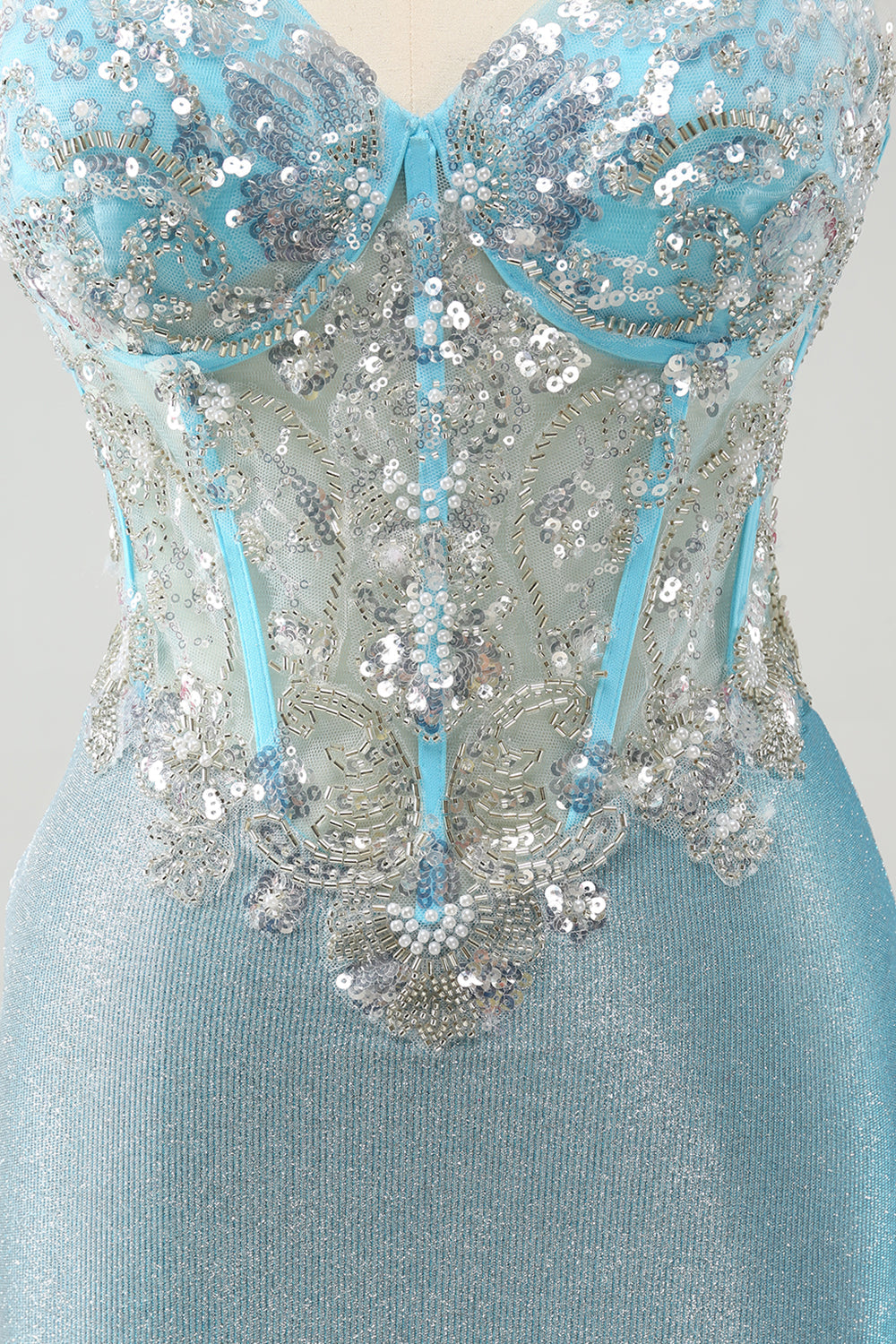 Light Blue Spaghetti Straps Tight Corset Short Homecoming Dress with Sequins