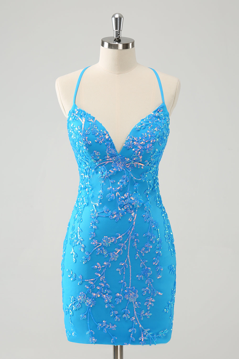 Sparkly Sky Blue Tight Short Homecoming Dress with Lace-Up Back