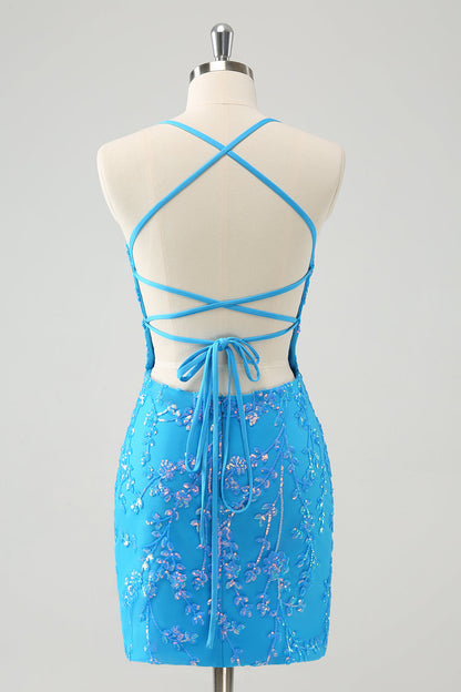 Sparkly Sky Blue Tight Short Homecoming Dress with Lace-Up Back