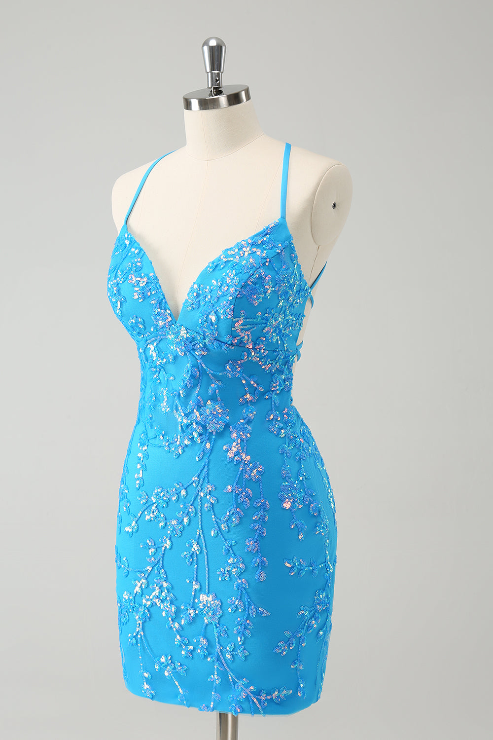 Sparkly Sky Blue Tight Short Homecoming Dress with Lace-Up Back