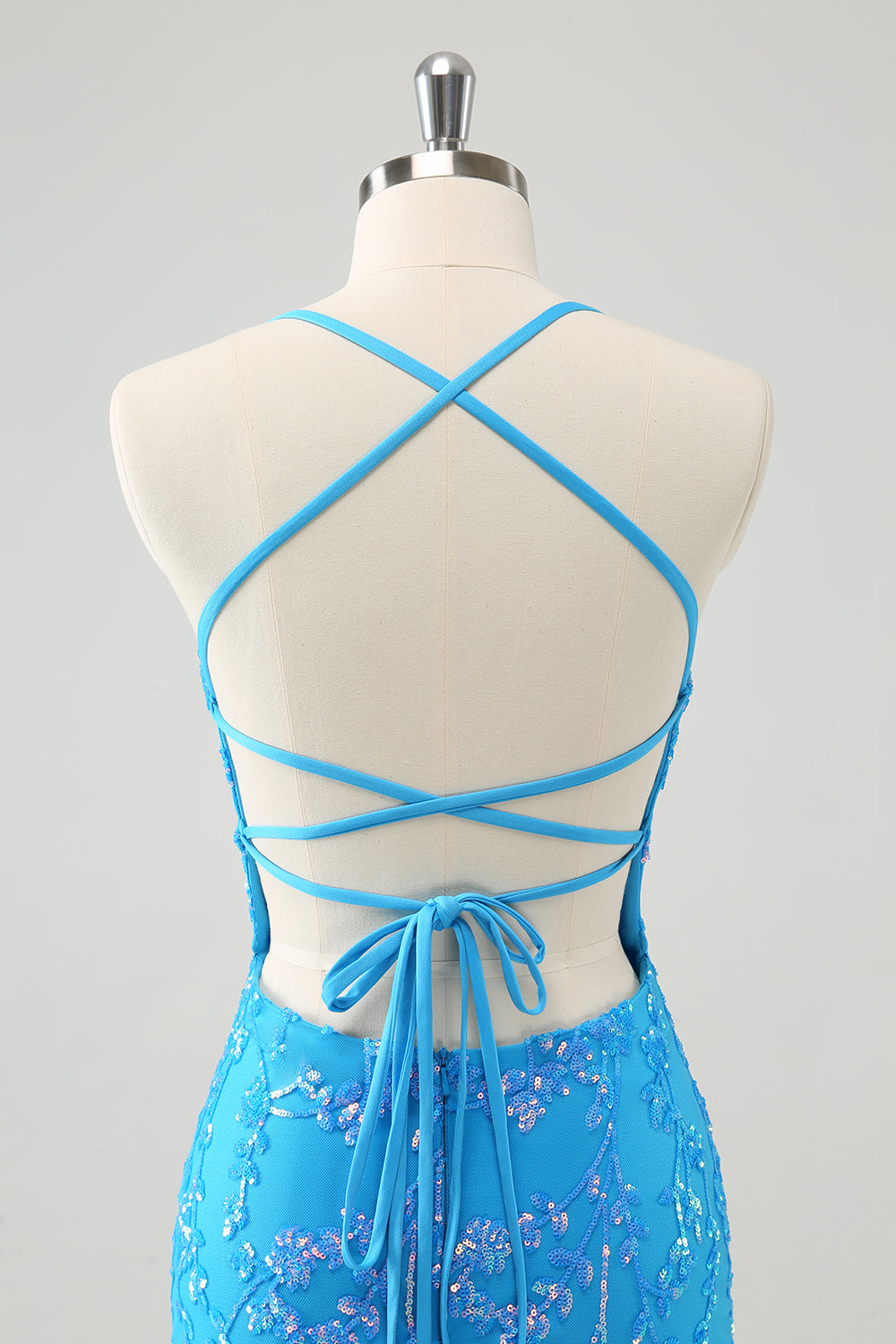 Sparkly Sky Blue Tight Short Homecoming Dress with Lace-Up Back