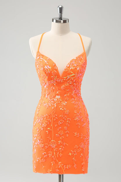 Sparkly Orange Lace-Up Back Tight Short Homecoming Dress with Sequins