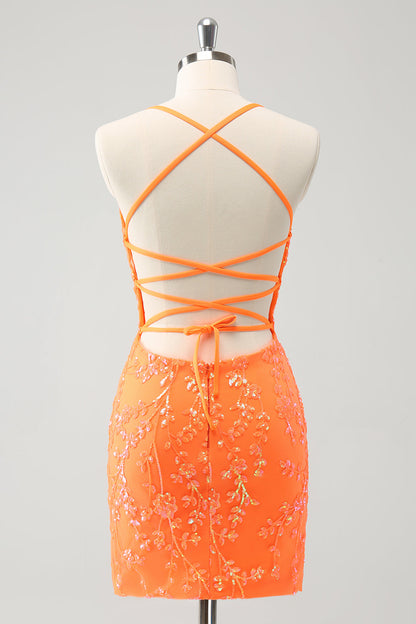 Sparkly Orange Lace-Up Back Tight Short Homecoming Dress with Sequins