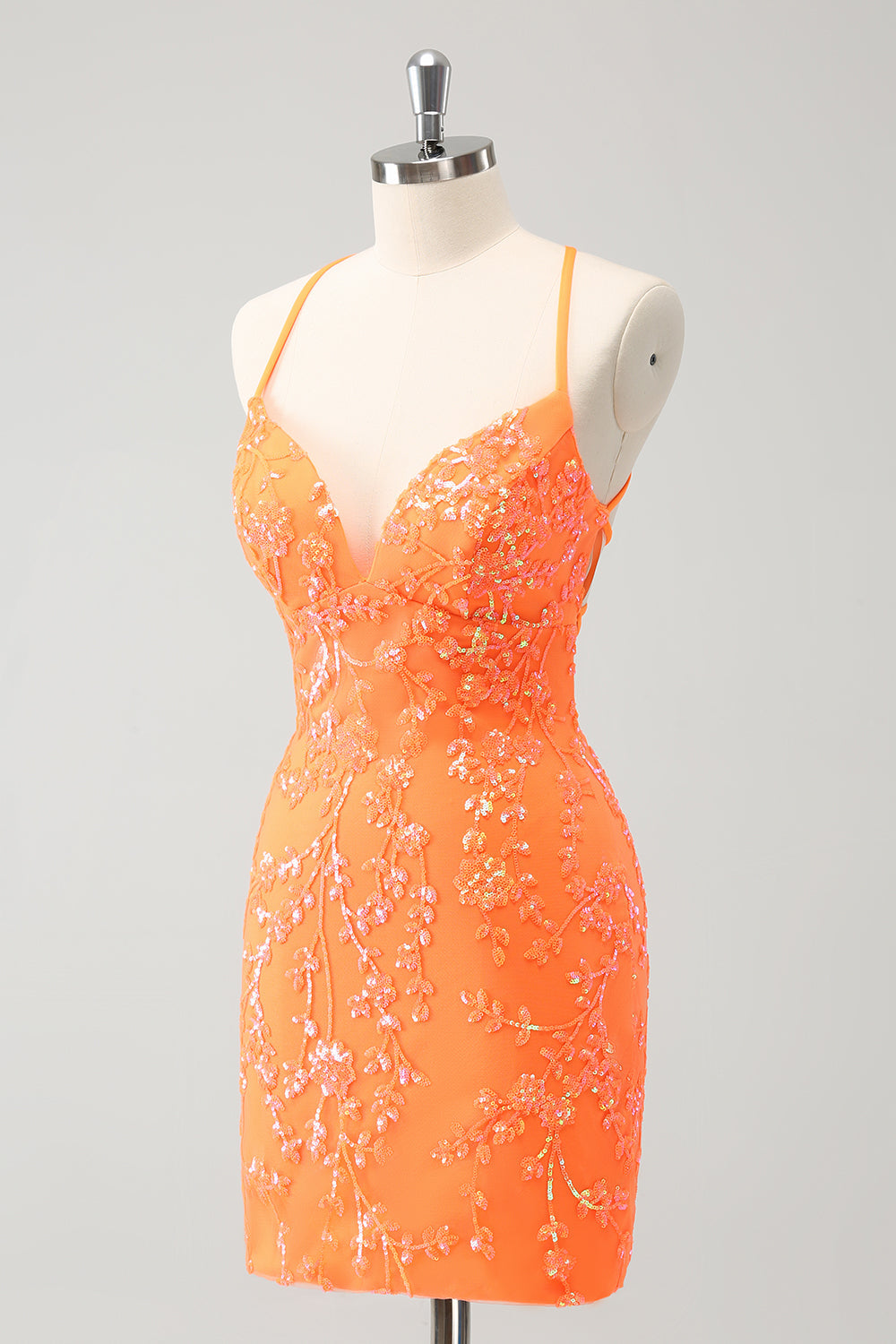 Sparkly Orange Lace-Up Back Tight Short Homecoming Dress with Sequins