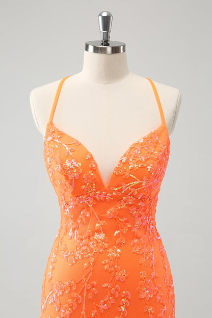 Sparkly Orange Lace-Up Back Tight Short Homecoming Dress with Sequins