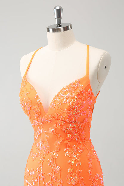 Sparkly Orange Lace-Up Back Tight Short Homecoming Dress with Sequins