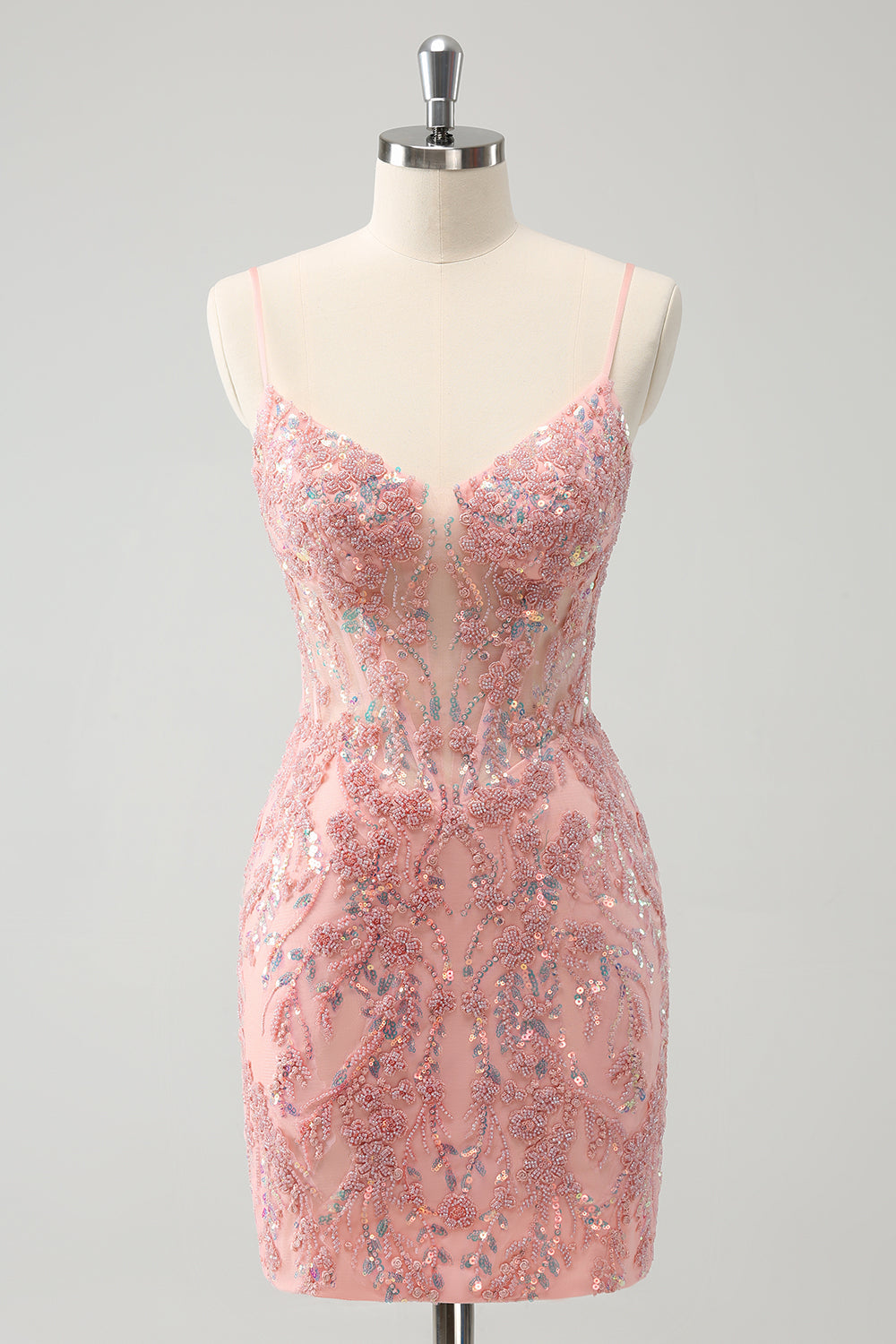 Glitter Blush Spaghetti Straps Tight Short Homecoming Dress with Beading