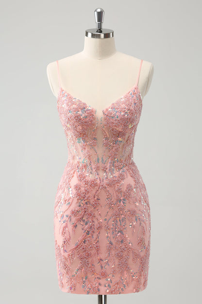 Glitter Blush Spaghetti Straps Tight Short Homecoming Dress with Beading