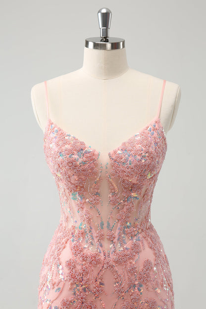 Glitter Blush Spaghetti Straps Tight Short Homecoming Dress with Beading