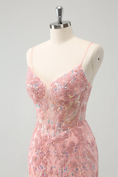 Glitter Blush Spaghetti Straps Tight Short Homecoming Dress with Beading