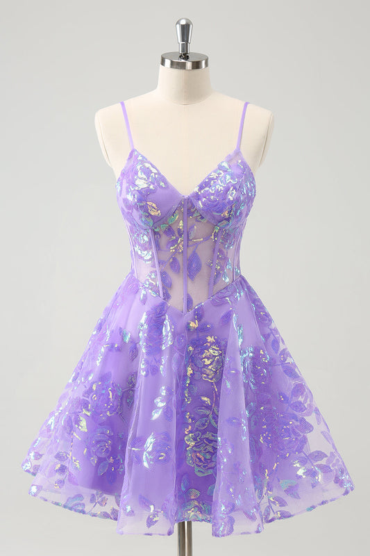 Sparkly Lilac A-Line Spaghetti Straps Sequins Corset Homecoming Dress