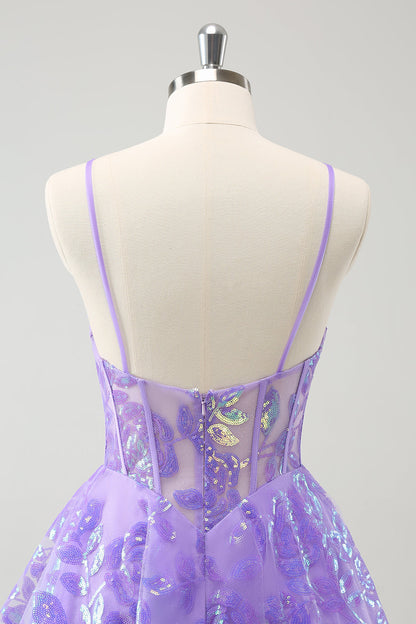 Sparkly Lilac A-Line Spaghetti Straps Sequins Corset Homecoming Dress