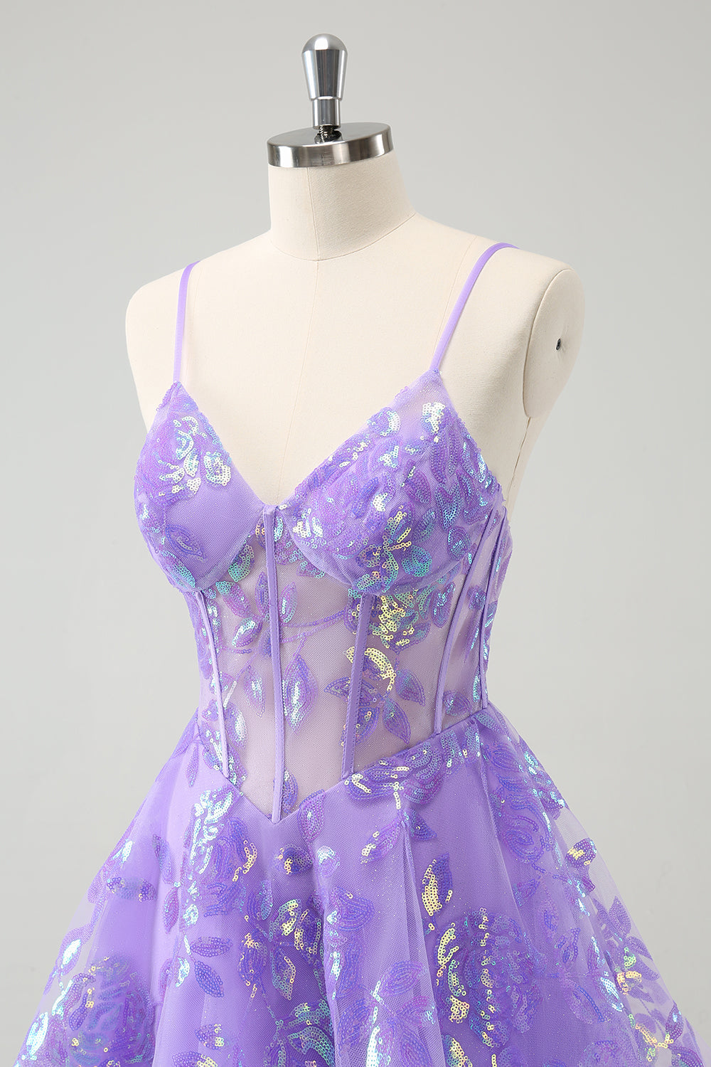 Sparkly Lilac A-Line Spaghetti Straps Sequins Corset Homecoming Dress