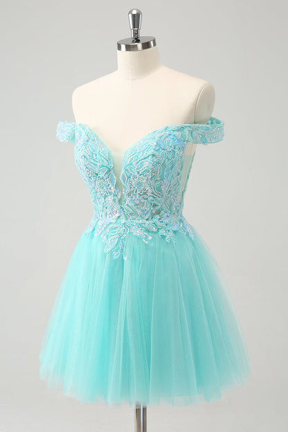 Sparkly Light Blue A Line Off The Shoulder Short Homecoming Dress