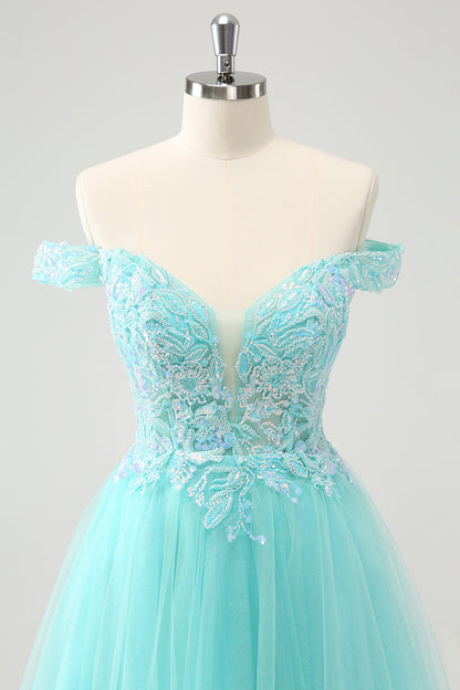 Sparkly Light Blue A Line Off The Shoulder Short Homecoming Dress