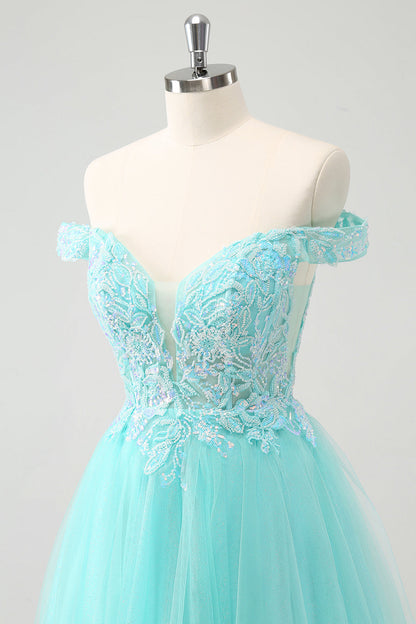 Sparkly Light Blue A Line Off The Shoulder Short Homecoming Dress