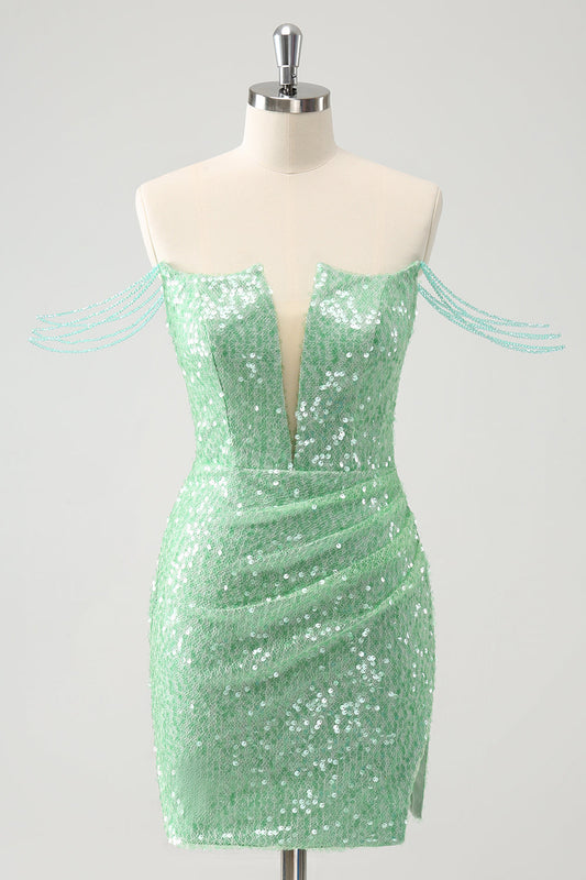 Sparkly Green Off the Shoulder Ruched Tight Homecoming Dress with Sequins